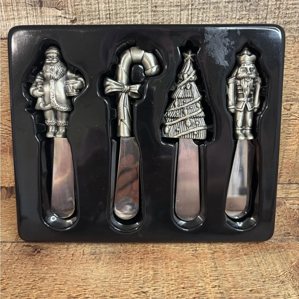 Vintage Belk Home Accent Stainless Steel Christmas 4 Spreaders Set in Box Party